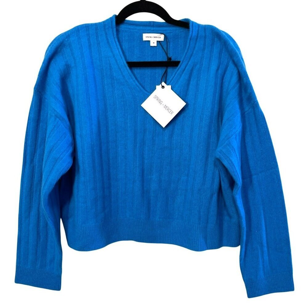 Spring + Mercer Blue V-Neck Ribbed Cashmere Sweater Medium